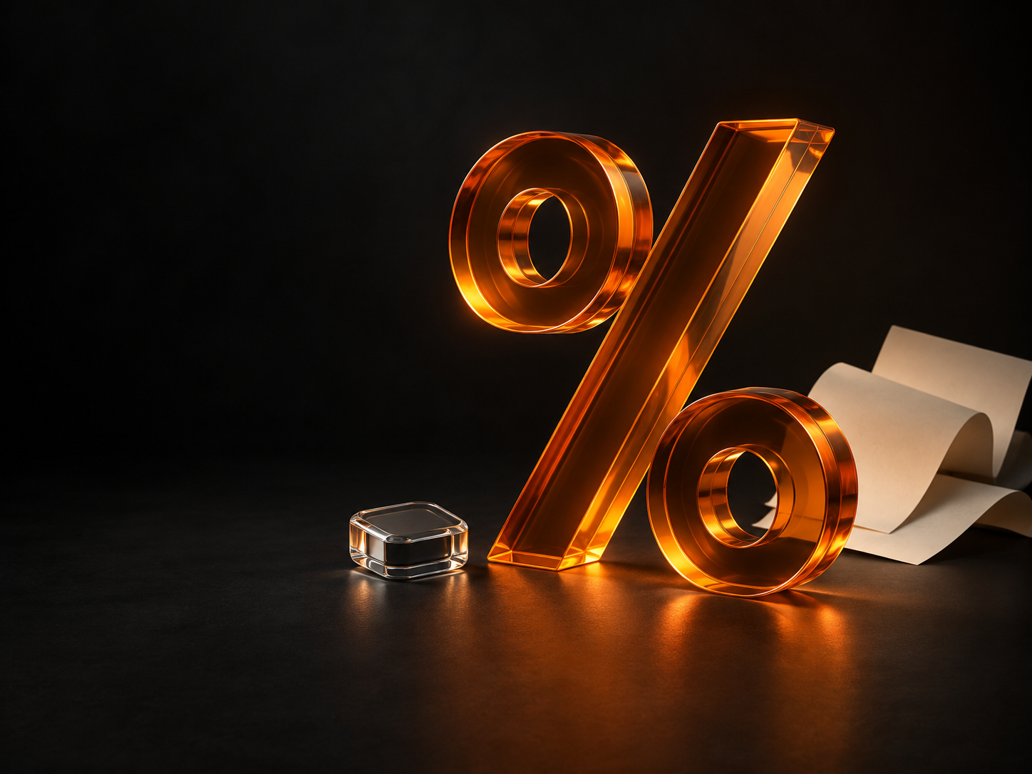 Sculptural orange glass percentage symbol with receipt sheets and a calculator key